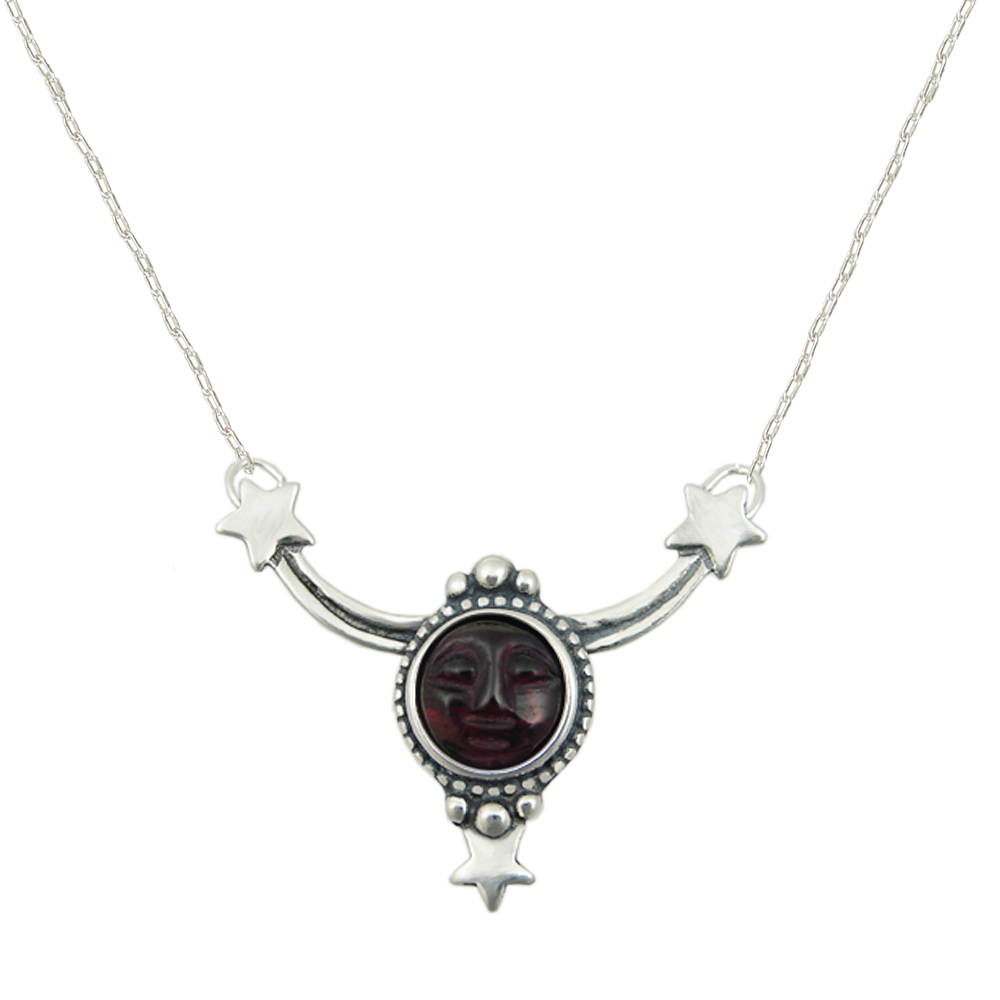 Sterling Silver Carved Garnet Moonface Accents this Necklace